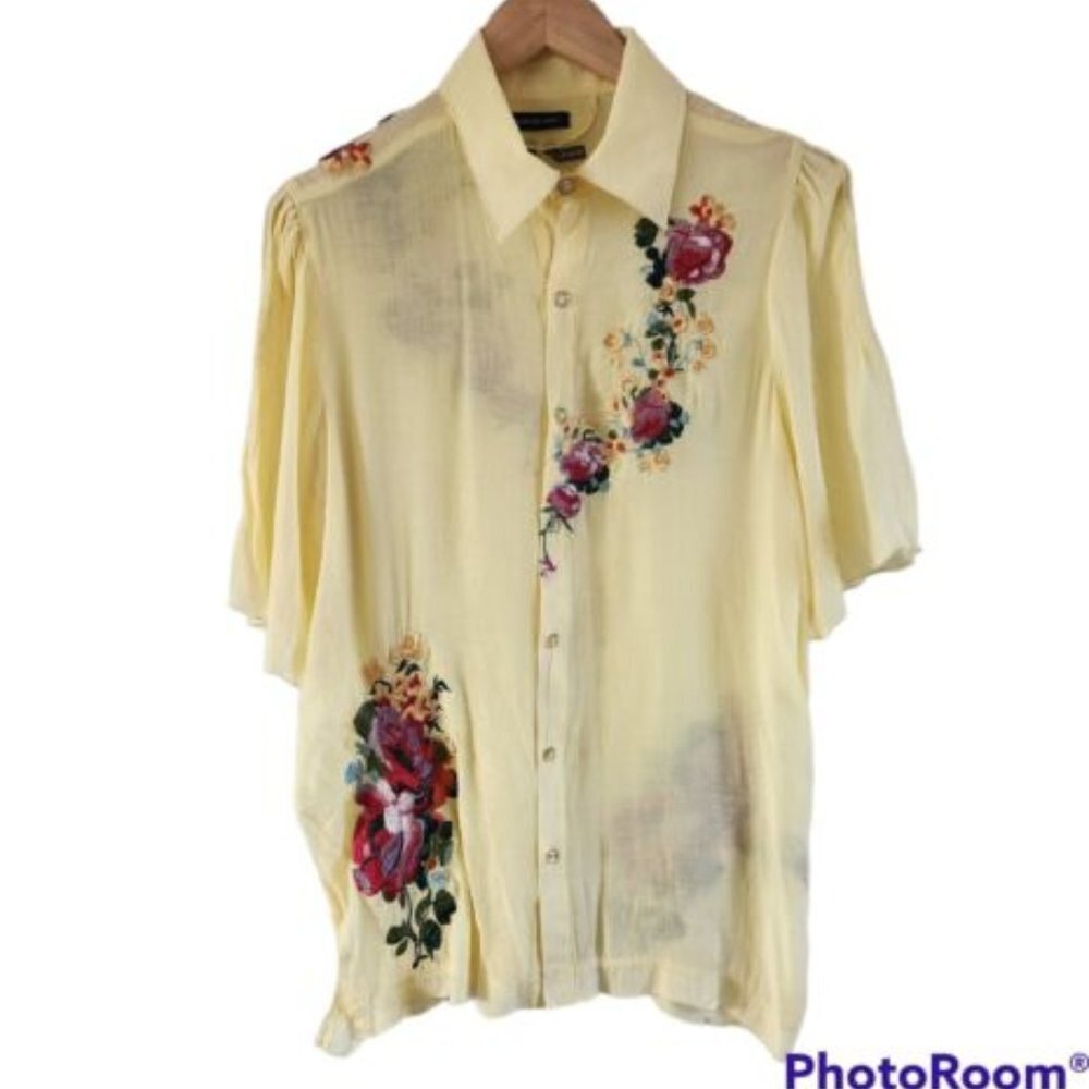 Como No? Yellow Floral Embroidered Sheer Blouse Top Button Front Size Small